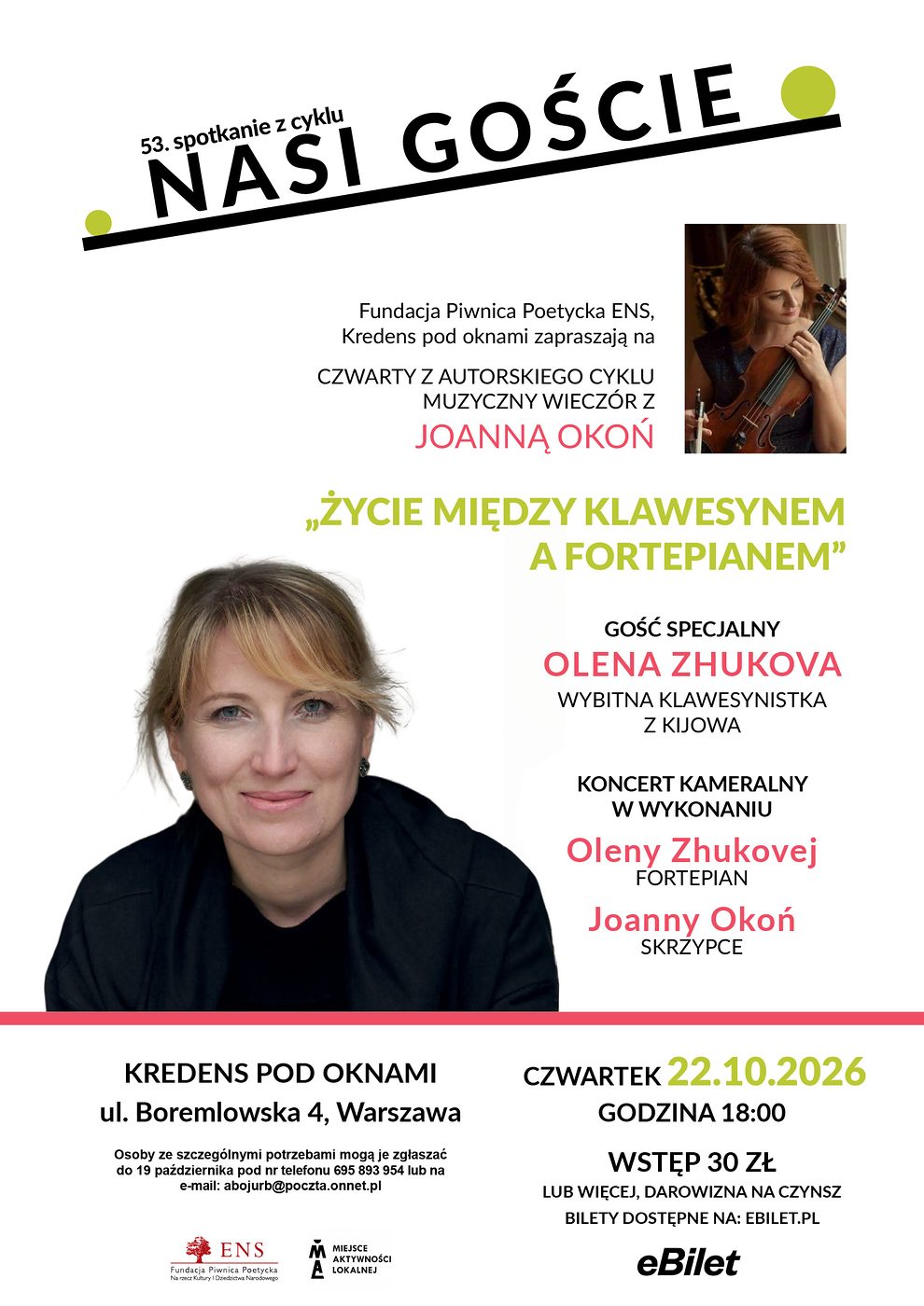 Plakat koncertu „Życie między klawesynem a fortepianem”, 53. spotkania z cyklu „Nasi goście”: Olena Zhukova (fortepian) i Joanna Okoń (skrzypce), czwartek 22 października 2026, godz. 18:00, Kredens pod Oknami, ul. Boremlowska 4, wstęp 30 zł lub więcej