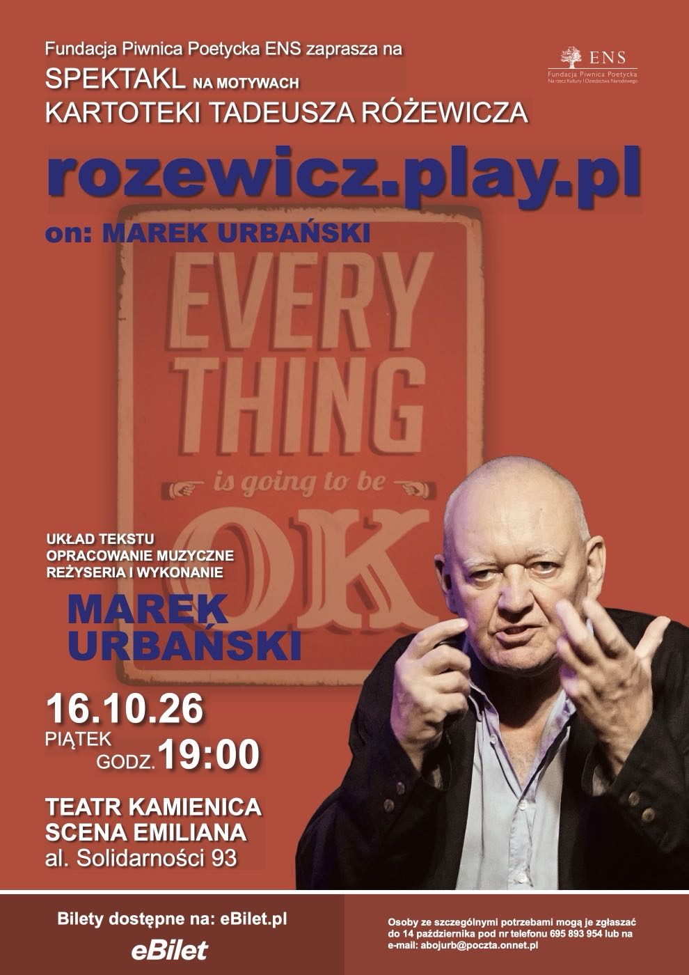 Plakat spektaklu „Rozewicz.play.pl” — Marek Urbański na pomarańczowym tle, 16 października 2026, godz. 19:00, Teatr Kamienica