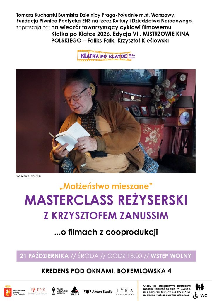 Plakat masterclassu reżyserskiego „Małżeństwo mieszane” z Krzysztofem Zanussim w cyklu „Klatka po Klatce 2026”: reżyser czyta z notesu, siedząc w fotelu, środa 21 października, godz. 18:00, Kredens pod Oknami, ul. Boremlowska 4, wstęp wolny